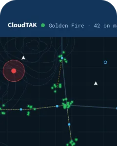 CloudTAK map view with team members shown as green dots along shared routes