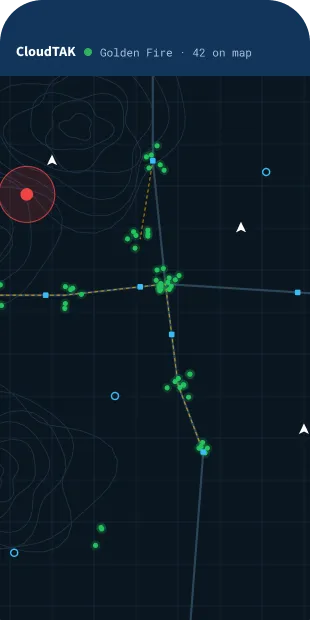 CloudTAK on a phone showing the Golden Fire incident: 42 responders and resources plotted on a live map