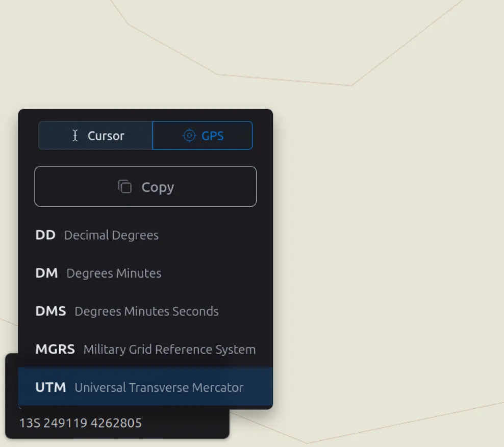 Coordinate menu with Cursor/GPS, Copy and format options