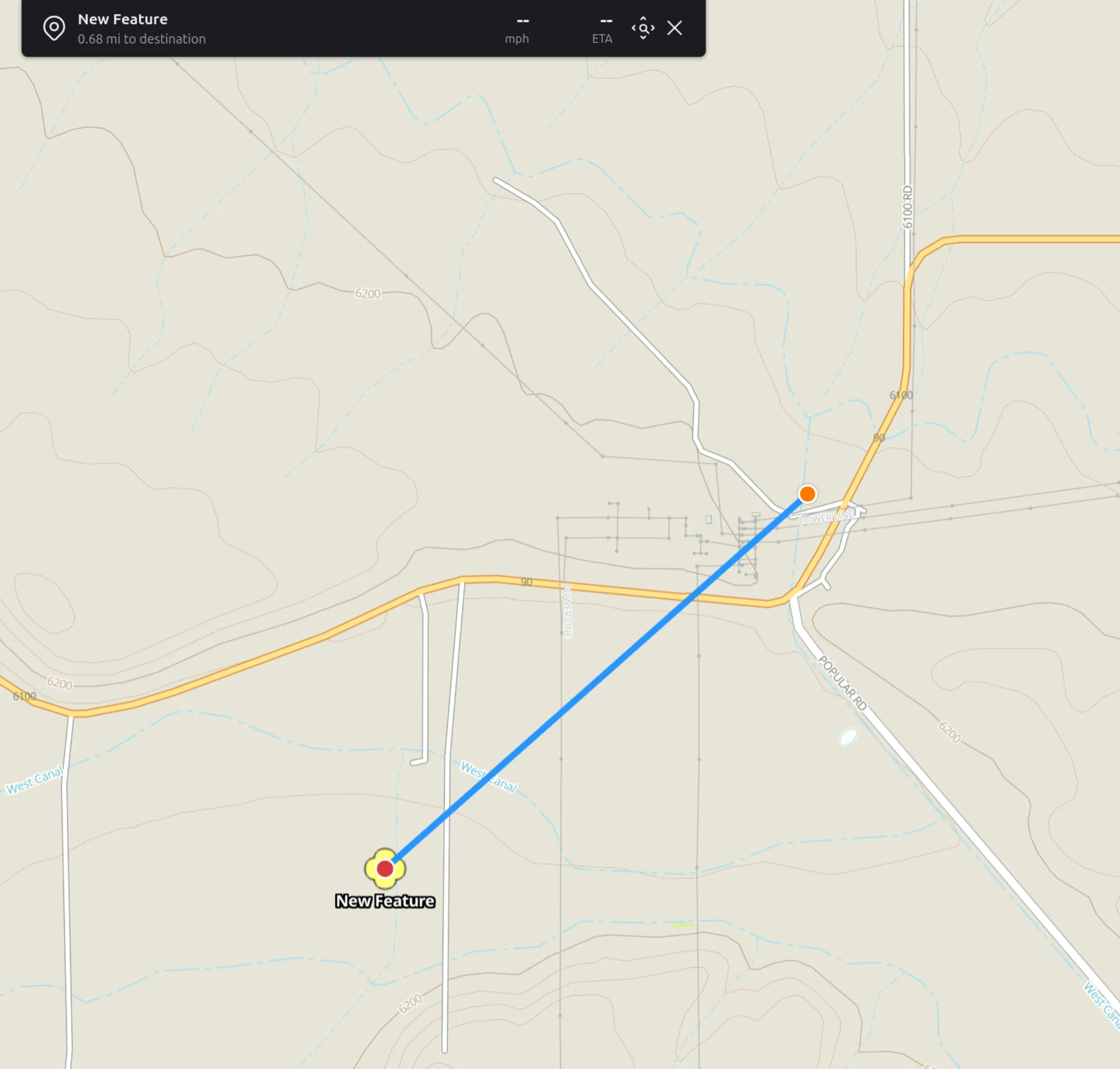 Navigation banner with distance, speed and ETA, and a line to the destination