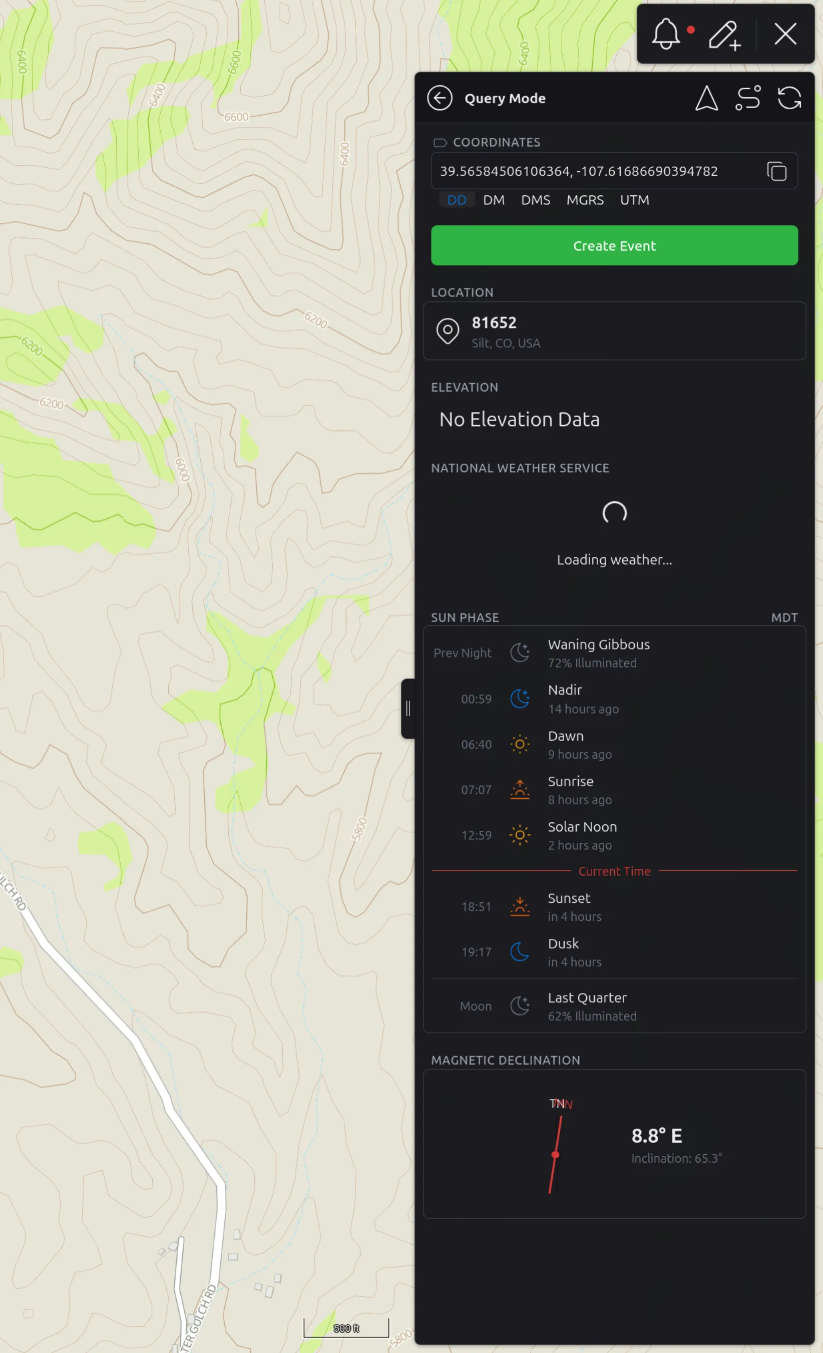 Query Mode panel with location, elevation, weather, sun phase and magnetic declination