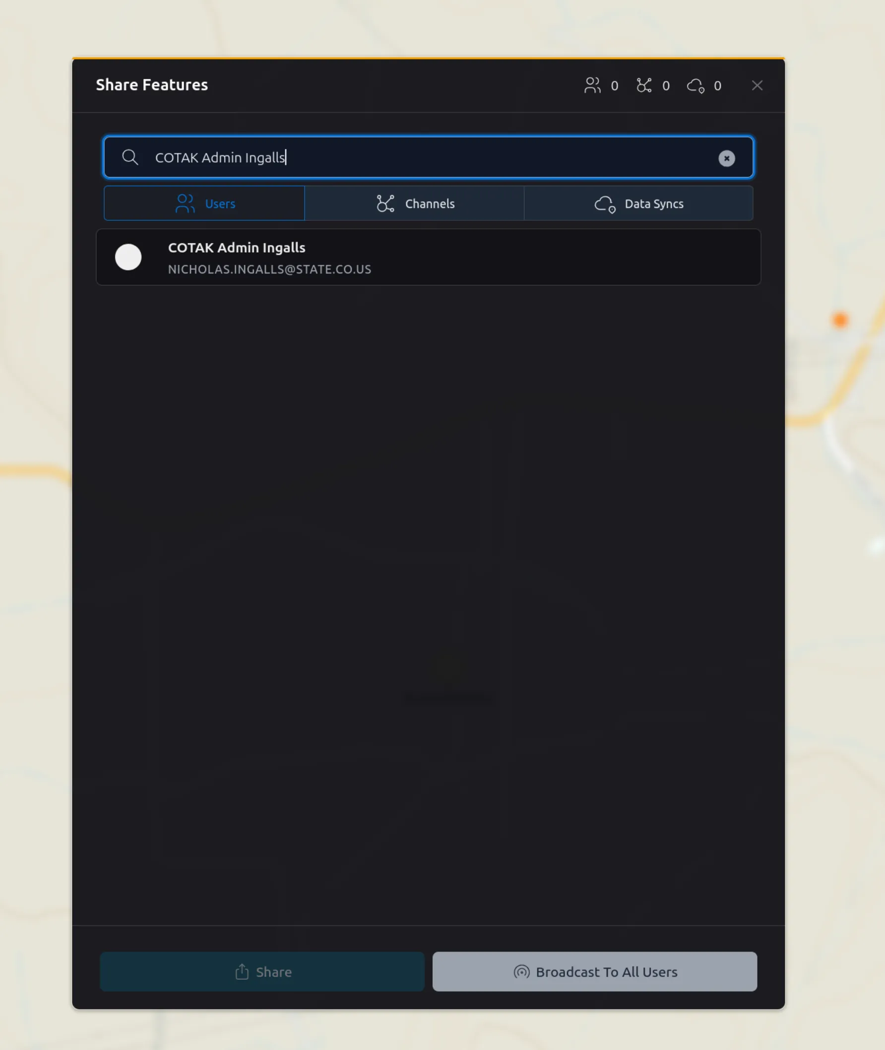 Share Features window with Users, Channels and Data Syncs tabs